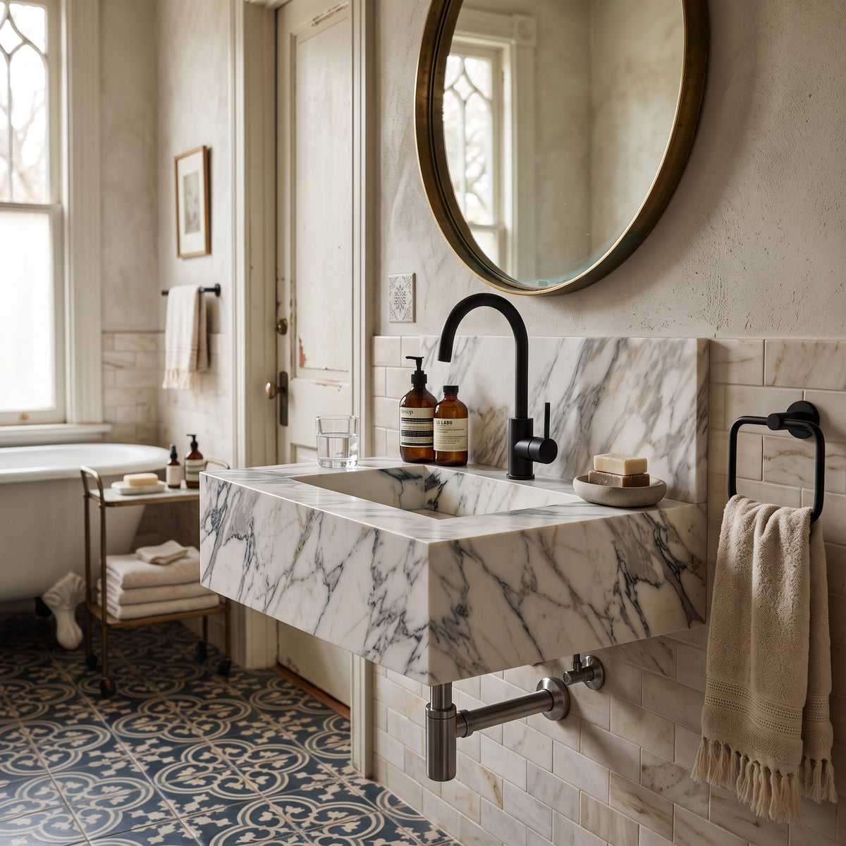 Floating Porcelain Vanity with Integrated Sink
