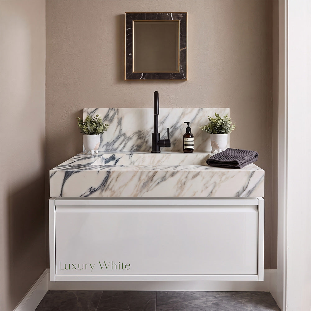 Floating Porcelain Vanity with Integrated Sink & Cabinet