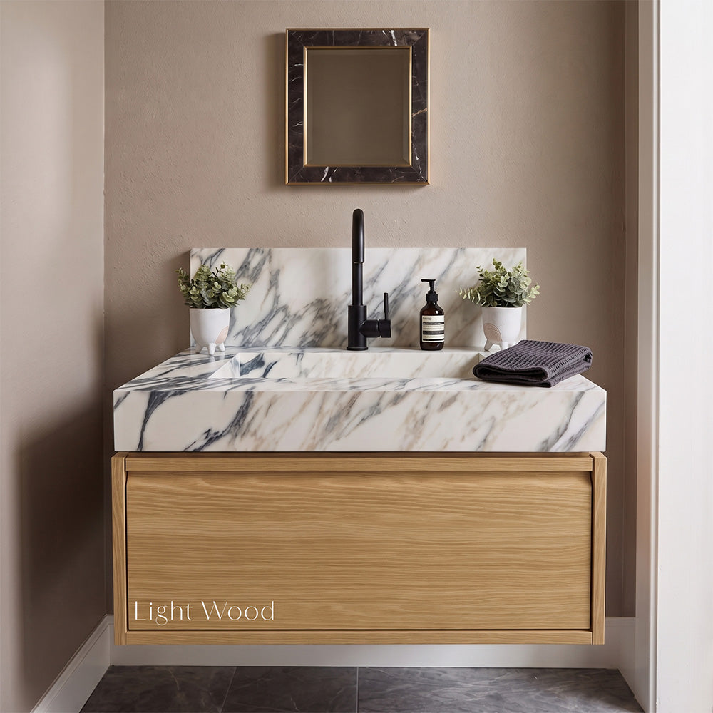 Floating Porcelain Vanity with Integrated Sink & Cabinet